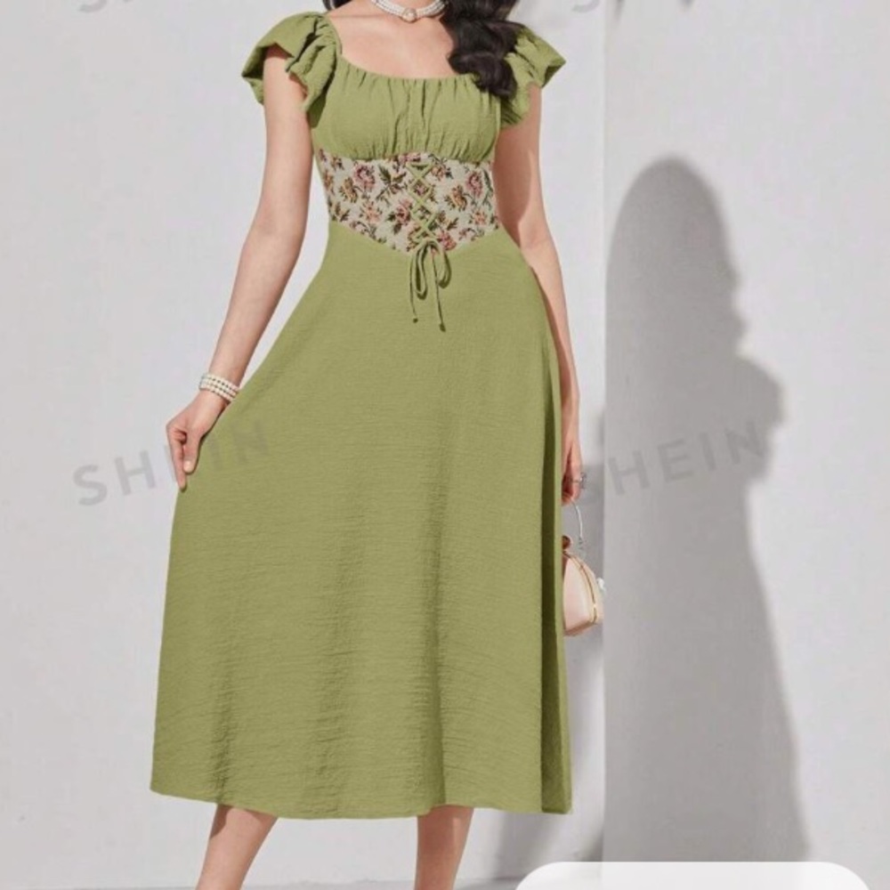 NWT SHEIN Mulvari Floral Print Ruffle Trim Lace Up Front Dress